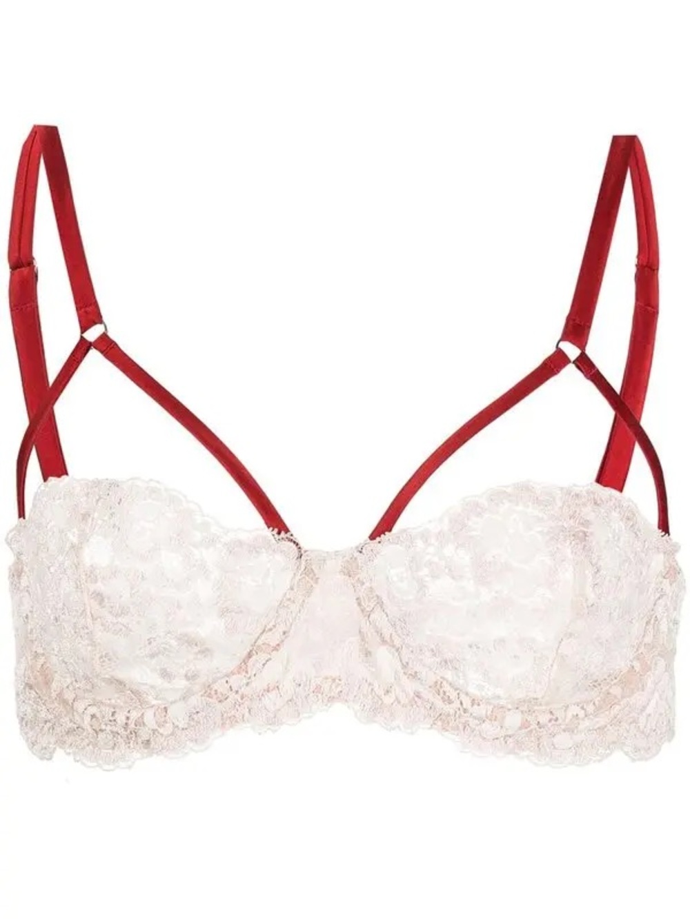 Fleur du Mal Foxy Lace Half Cup Bra in Light Pink with Red Straps